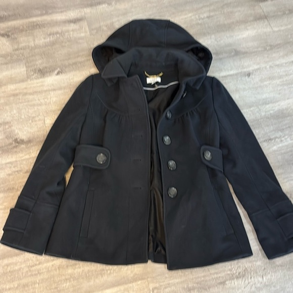 LOFT Navy Peacoat hooded belted jacket button down Sz 4 with pockets - Picture 1 of 9